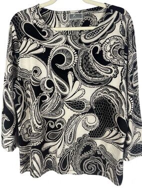 JM Collection Petite Paisley 3/4 Sleeve Top Black White P/XL Quilted Texture